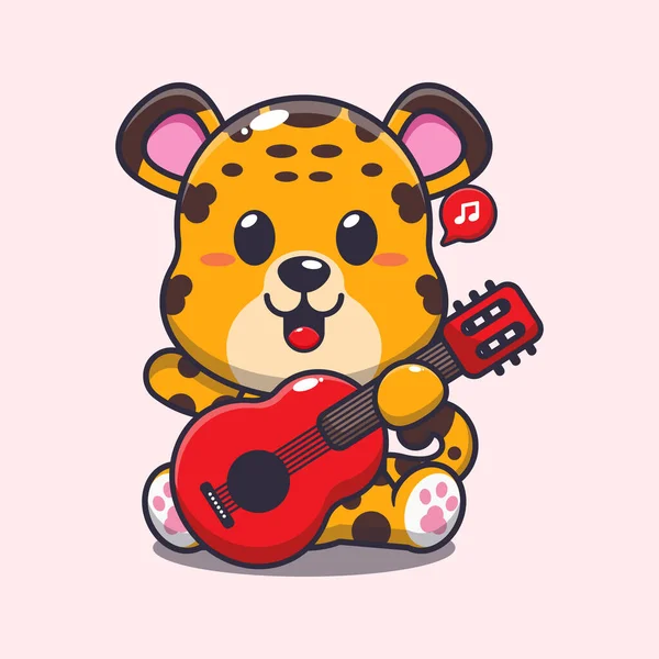 Cute Leopard Playing Guitar Cartoon Vector Illustration — Stock Vector