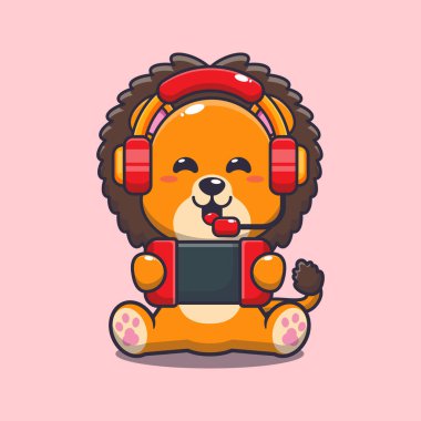 Şirin aslan bir çizgi film vektör çizimi oynuyor.. 