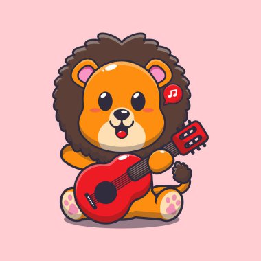 Gitar karikatürü çizen sevimli aslan çizimi. 