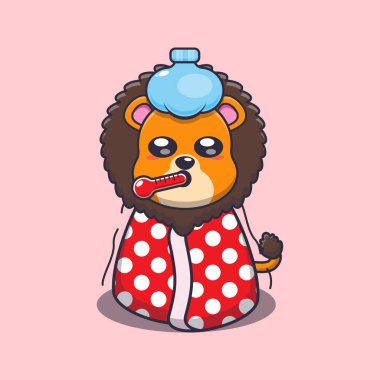 Şirin Aslan hasta bir çizgi film vektör çizimi.. 