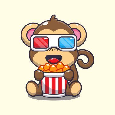 Tatlı maymun patlamış mısır yiyor ve 3 boyutlu çizgi film vektör çizimleri izliyor.. 