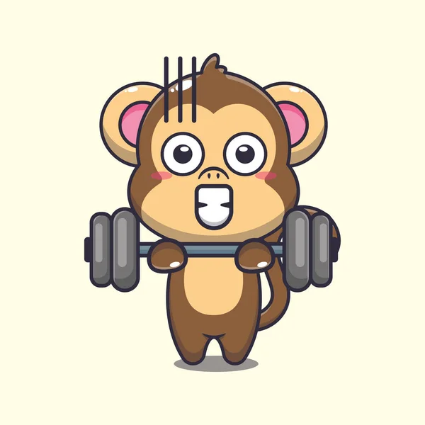 Cute Monkey Lifting Barbell Cartoon Vector Illustration — Stock Vector