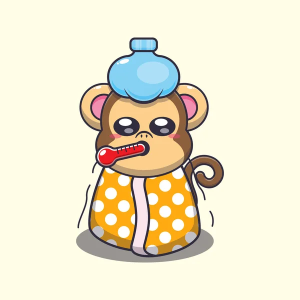 Cute Monkey Sick Cartoon Vector Illustration - Stok Vektor
