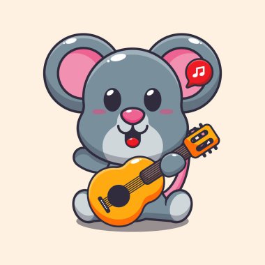 Gitar karikatürü çizen sevimli fare çizimi. 