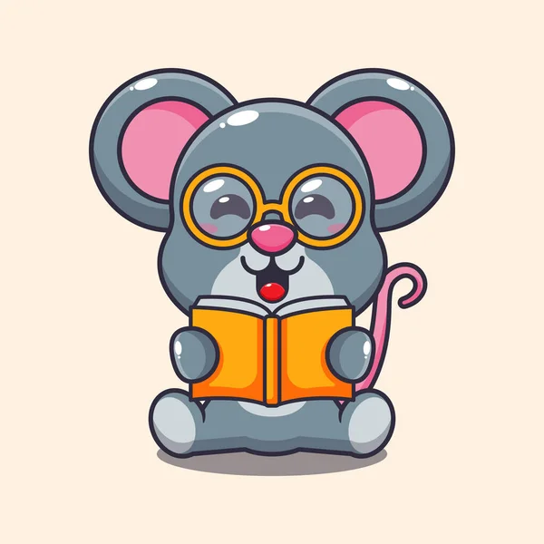 可爱的鼠标读一本书的卡通人物插图 — 图库矢量图片