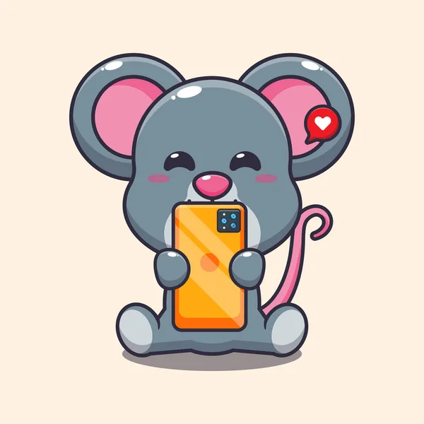 带电话动画矢量插图的可爱鼠标 — 图库矢量图片