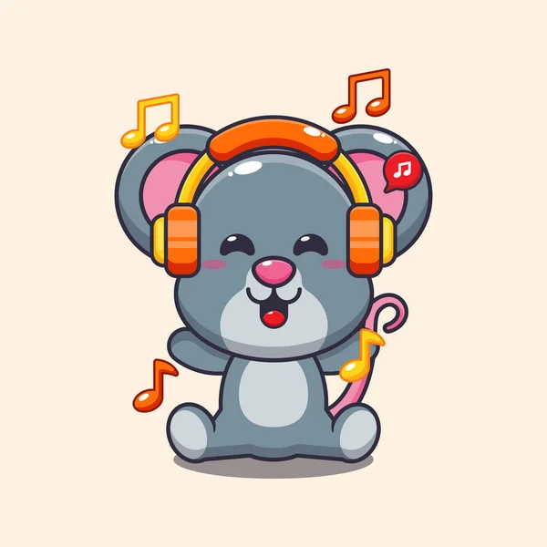 stock vector Cute mouse listening music with headphone cartoon vector illustration. 