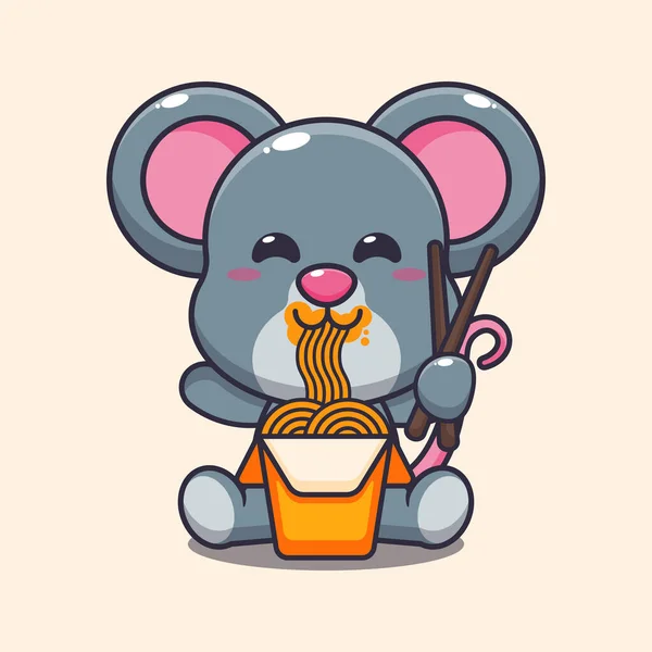 stock vector Cute mouse eating noodle cartoon vector illustration. 