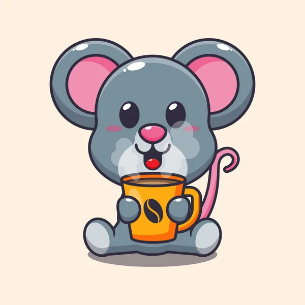 Carino Mouse Con Caffè Caldo Fumetto Vettoriale Illustrazione — Vettoriale Stock