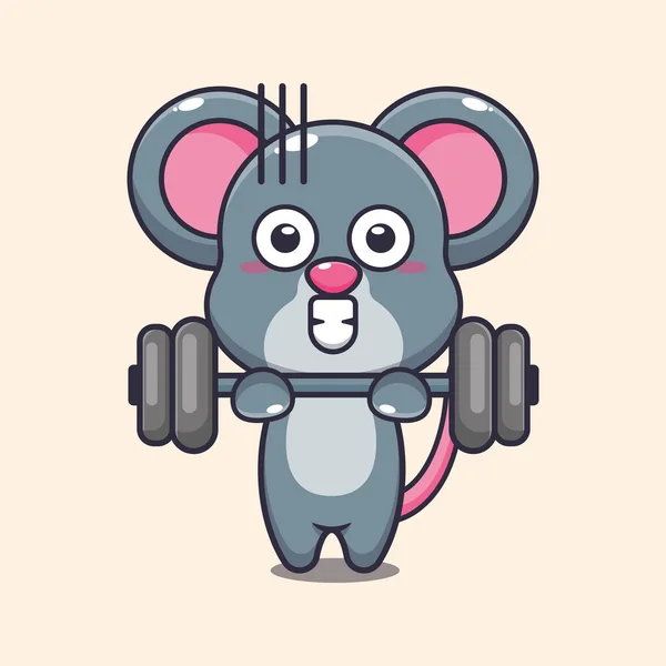 Mignon Souris Levage Barbell Dessin Animé Vectoriel Illustration — Image vectorielle