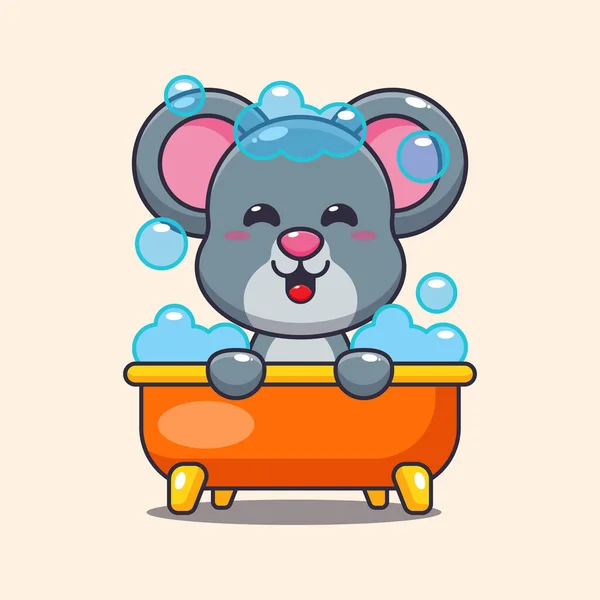 Şirin fare küvette köpük banyosu yapıyor vektör çizimi. 