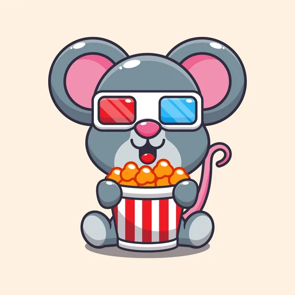 Niedliche Maus Essen Popcorn Und Sehen Film Cartoon Vektor Illustration — Stockvektor