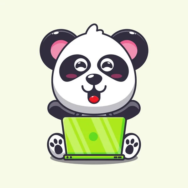 Niedlicher Panda Mit Laptop Cartoon Vektor Illustration — Stockvektor
