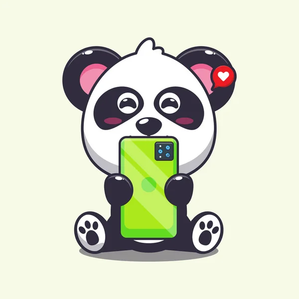 Niedlicher Panda Mit Telefon Cartoon Vektor Illustration — Stockvektor