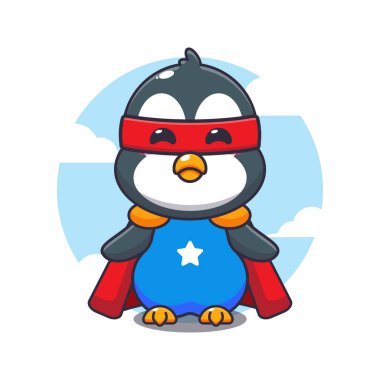 Sevimli süper penguen çizgi film vektör çizimi. 