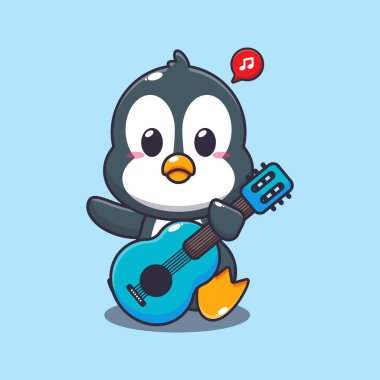 Gitar karikatürü çizen sevimli penguen çizimi. 