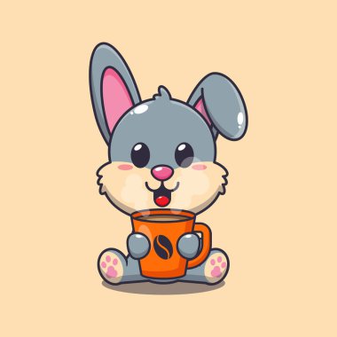 Sıcak kahve çizgi filmi vektör çizimi olan şirin bir tavşan.. 