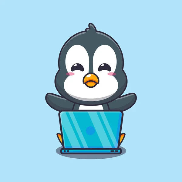 Söt Pingvin Med Laptop Tecknad Vektor Illustration — Stock vektor