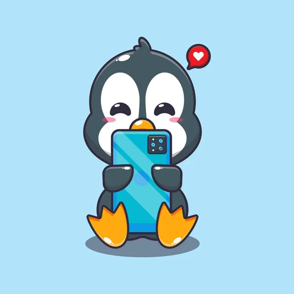Cute Penguin Phone Cartoon Vector Illustration — Stock Vector