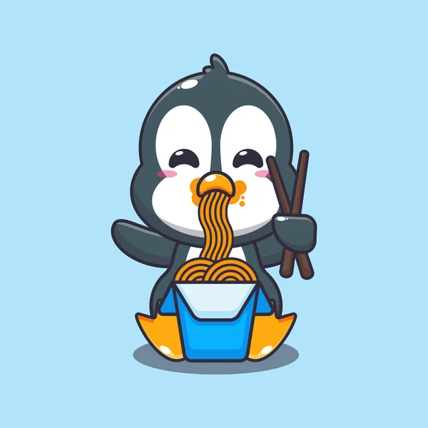Pinguim Bonito Comer Macarrão Desenho Animado Ilustração Vetor — Vetor de Stock