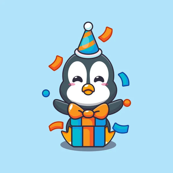 Netter Pinguin Geburtstagsparty Cartoon Vektor Illustration — Stockvektor