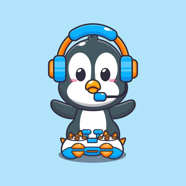 Cute Pingwin Gracz Kreskówka Wektor Ilustracja — Wektor stockowy