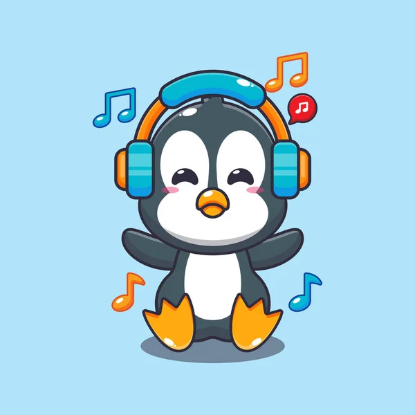 Милый Пингвин Слушает Музыку Помощью Векторной Иллюстрации Наушников — стоковый вектор