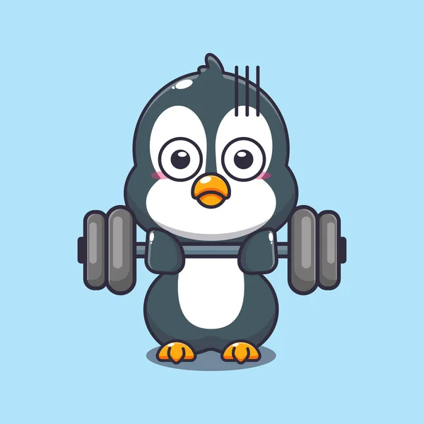 Grazioso Pinguino Sollevamento Bilanciere Cartone Animato Vettoriale Illustrazione — Vettoriale Stock