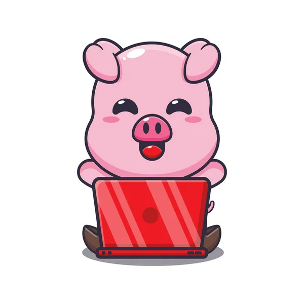 Babi Lucu Dengan Gambar Vektor Kartun Laptop - Stok Vektor
