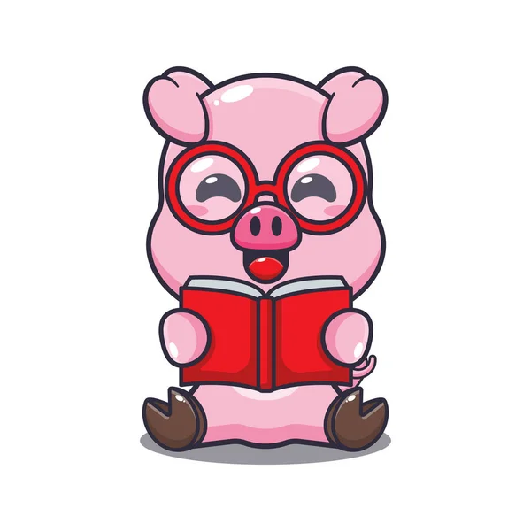 Cute Pig Reading Book Cartoon Vector Illustration — Stock Vector