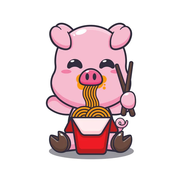 可爱的猪吃面条卡通病媒图解 — 图库矢量图片