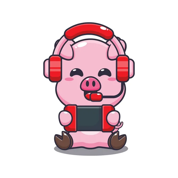 可爱的猪玩一个游戏卡通矢量插图 — 图库矢量图片