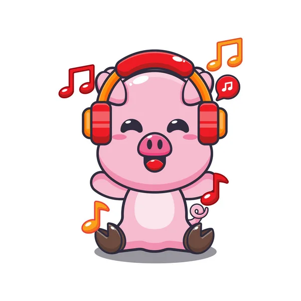 用耳机卡通人物插画有趣的猪听音乐 — 图库矢量图片