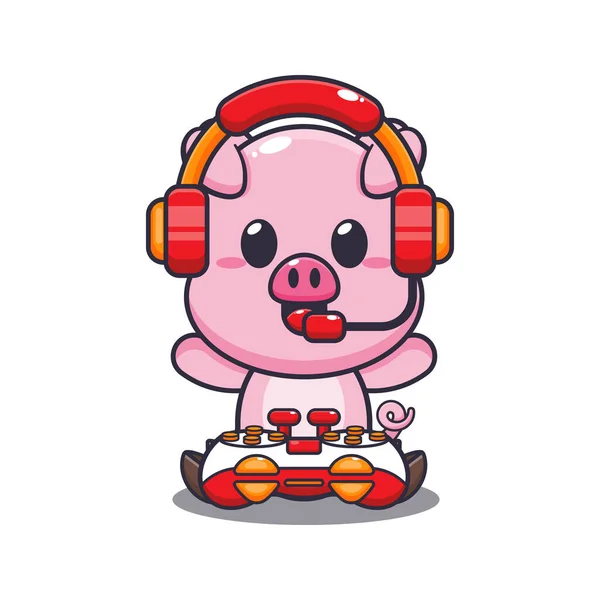 Cute Pig Gamer Cartoon Vector Illustration — Stock Vector