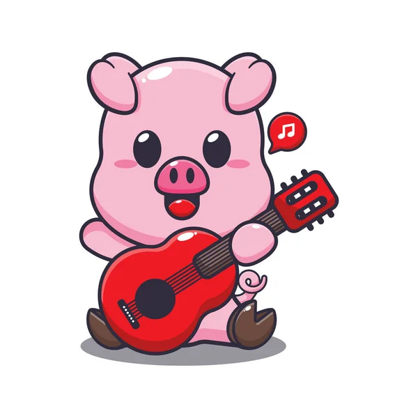 Bonito Porco Tocando Guitarra Cartoon Vetor Ilustração —  Vetores de Stock