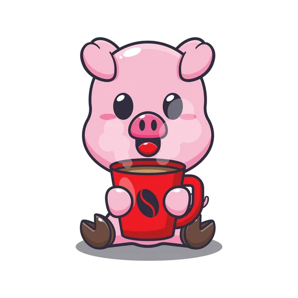 Cute Pig Hot Coffee Cartoon Vector Illustration — Stock Vector