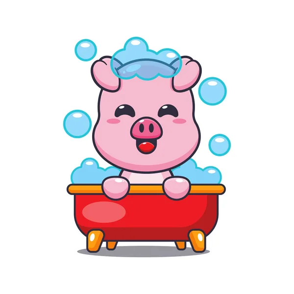 Cute Pig Taking Bubble Bath Bathtub Cartoon Vector Illustration — Stock Vector