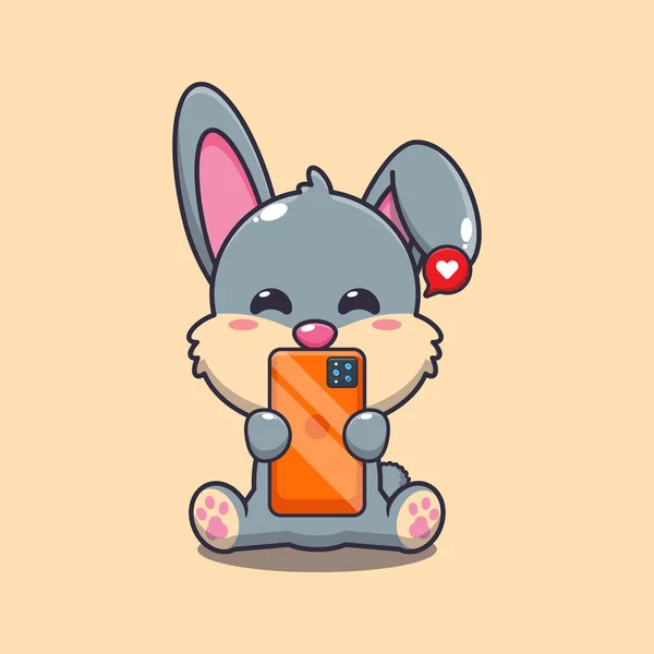 Carino Coniglio Con Telefono Cartone Animato Vettoriale Illustrazione — Vettoriale Stock