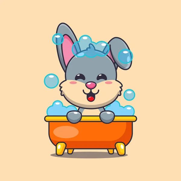 Cute Rabbit Taking Bubble Bath Bathtub Cartoon Vector Illustration — Stock Vector