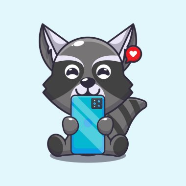 Telefon karikatürü vektör illüstrasyonlu rakun. 