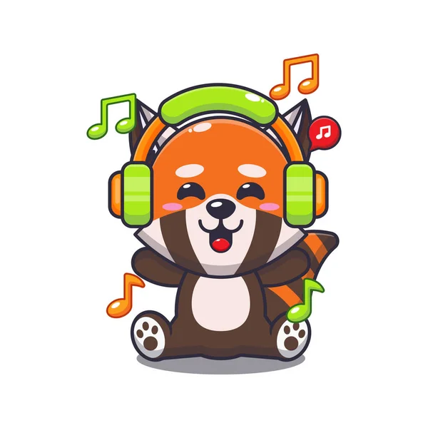 Κόκκινο Panda Μουσική Ακρόασης Ακουστικά Κινουμένων Σχεδίων Εικονογράφηση Διάνυσμα — Διανυσματικό Αρχείο