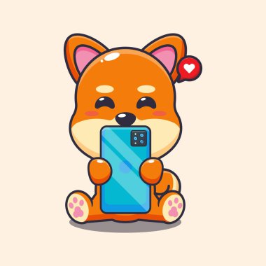 Telefon karikatürü vektör illüstrasyonlu şirin shiba inu. 