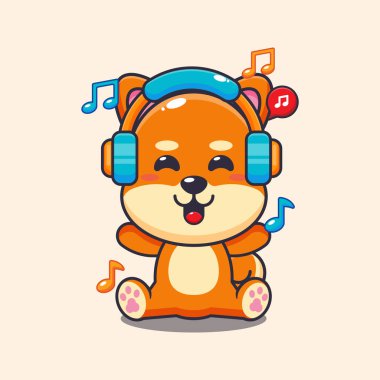 Şirin shiba inu kulaklık vektör illüstrasyonlu müzik dinliyor. 