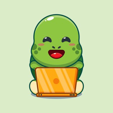 Dizüstü bilgisayarı olan şirin kaplumbağa vektör çizimi. 