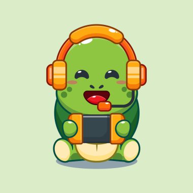 Şirin kaplumbağa bir oyun karikatür vektör çizimi oynuyor. 