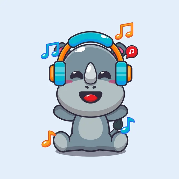 Słodki Nosorożec Słuchanie Muzyki Słuchawkami Wektor Rysunek Ilustracja — Wektor stockowy