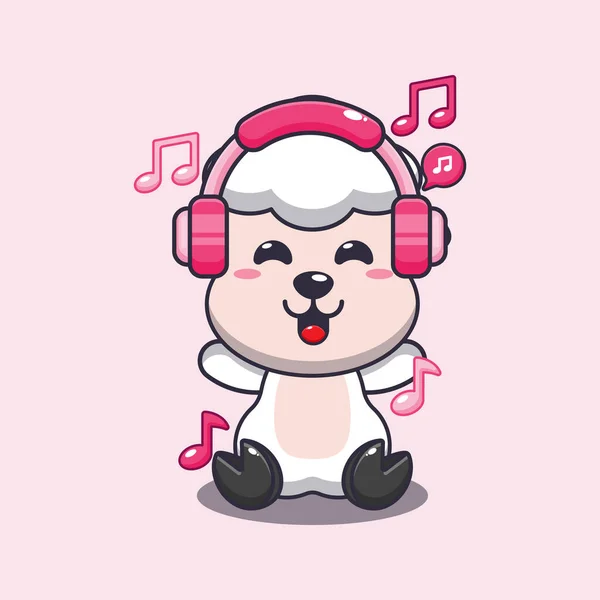 Cute Sheep Listening Music Headphone Cartoon Vector Illustration — Stock Vector