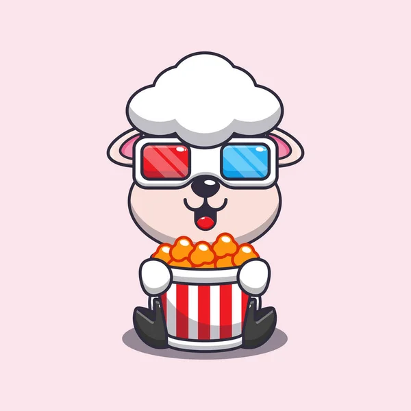 Cute Owiec Jedzenie Popcorn Oglądać Film Wektor Ilustracji — Wektor stockowy