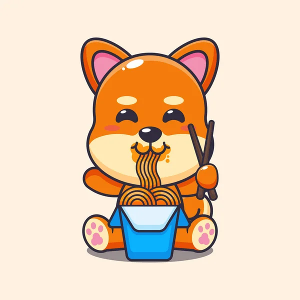 Mignon Shiba Inu Manger Nouilles Dessin Animé Vecteur Illustration — Image vectorielle