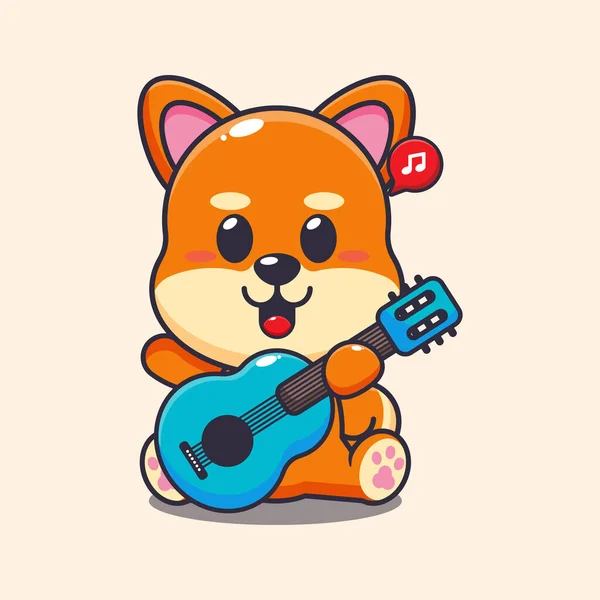 Lindo Shiba Inu Jugar Ilustración Vector Dibujos Animados Guitarra — Vector de stock